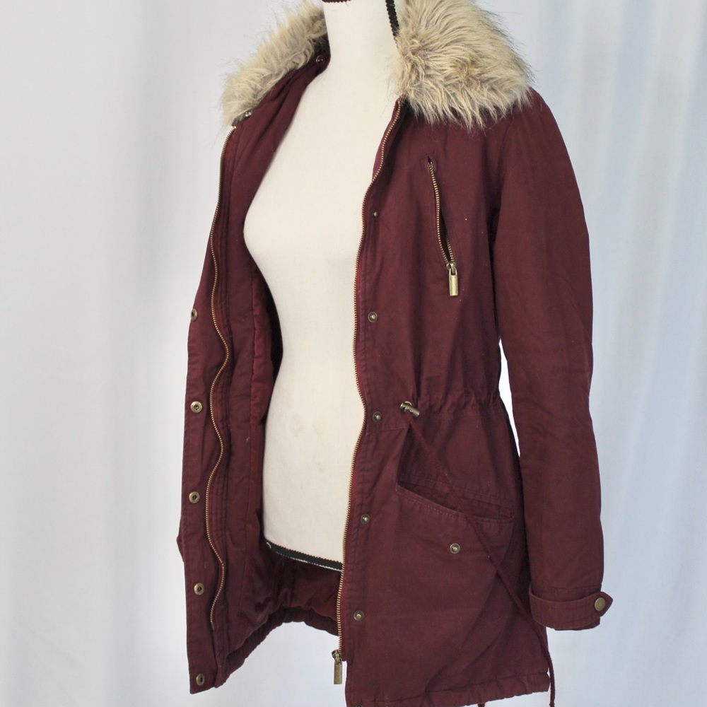 Charlotte Russe Faux Fur Collar Long Coat- burgundy